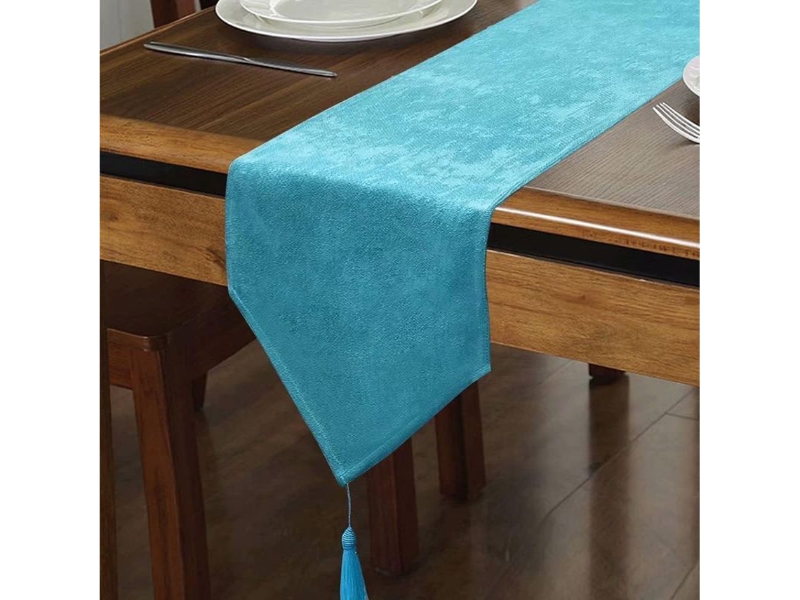2026-manta De Mesa Falsa Lino Brillante Lavable Azul Lago Flash 14x70 Pulgadas Con Flecos Vintage