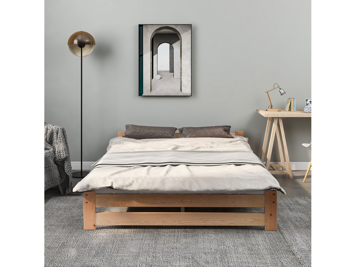 Cama Individual De Madera Maciza 140x200 Cm Con Cabecero Y Somier De Láminas - Natural