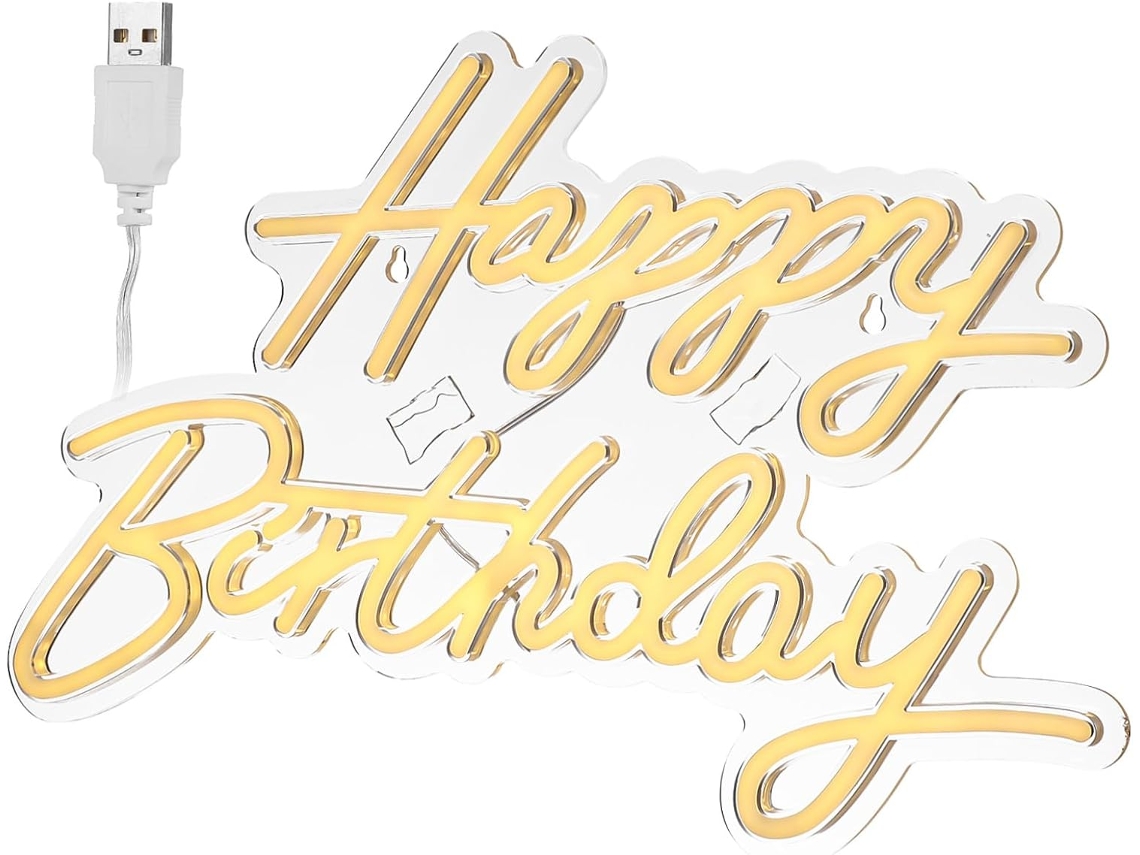 Letrero de neón blanco con la frase "Feliz Cumpleaños", portátil, con iluminación LED USB, fácil de instalar.