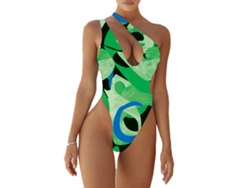 Traje de baño de una pieza, un solo hombro, verde, talla XL, con bonitos estampados.
