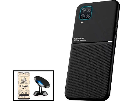 Kit Funda Magnetic Lux, Cristal Templado CeramicGlass Full Cover y Soporte Magnético de Coche Samsung Galaxy A12 PHONECARE Negro