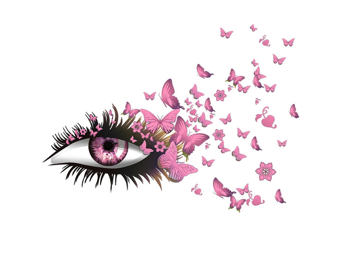 Pegatinas de pared con ojos y pestañas, mariposas voladoras y decoración de corazón con una linda chica.