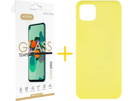 Carcasa + 1 Protector de Vidrio iPhone 13 Mini ACCETEL Silicona Líquido Amarillo