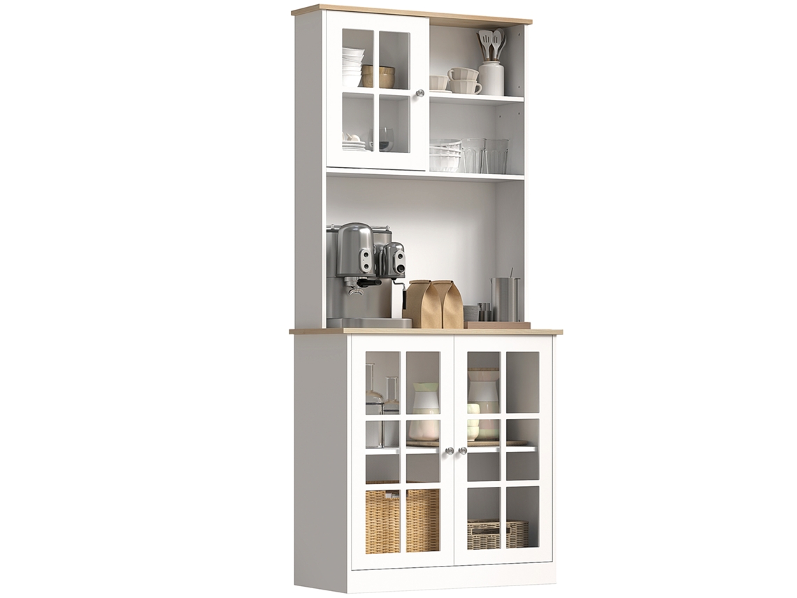 Armario alto de cocina con puertas de cristal y estantes ajustables, acabado en roble blanco.