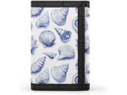 Cartera azul para hombre con estampado de conchas, compartimentos, sin marca.