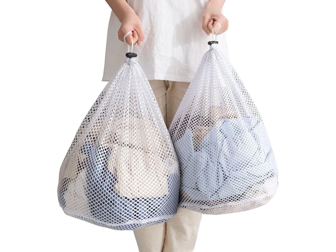 Bolsas de lavandería de malla resistente, capacidad extra grande, costuras reforzadas para mayor durabilidad, cierre de cordón de malla suave, protector de ropa.