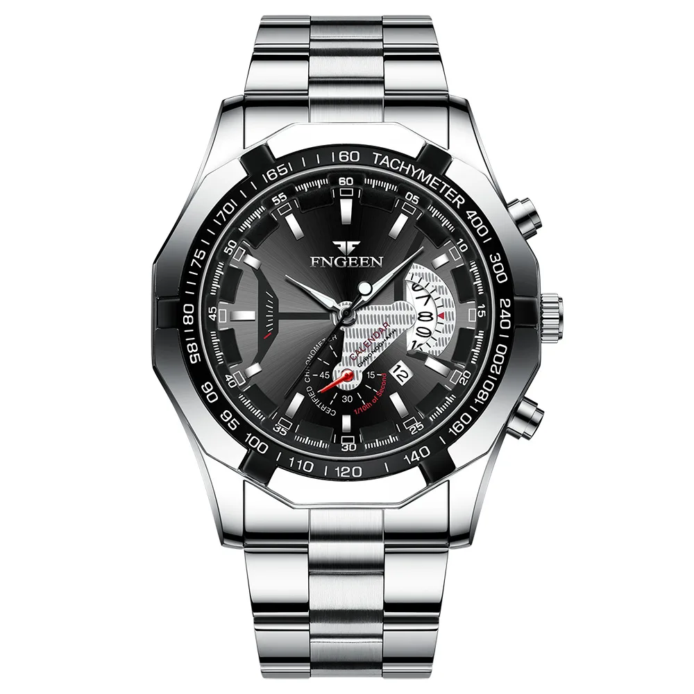 (correa Plateada, Esfera Negra) Reloj Deportivo Informal, Resistente Al Agua, Con Indicador De Fecha.