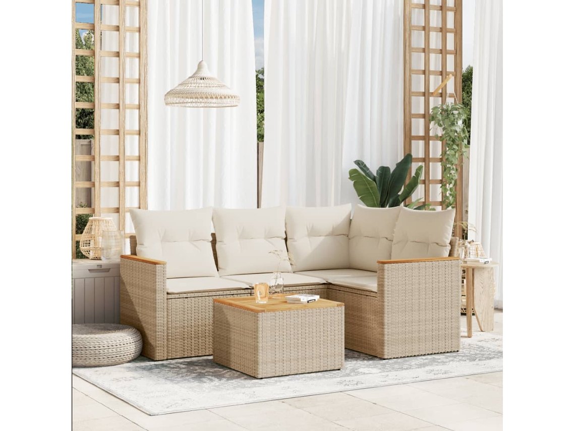 Conjunto de sofá de jardín de 5 piezas con cojines, mimbre sintético beige, Dkd Home Decor