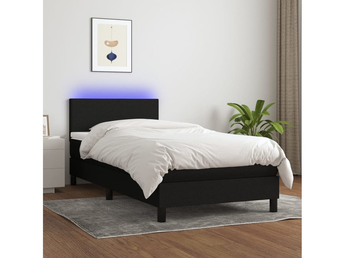 Cama Box Spring Con Colchón Led Tela Negro 100x200 Cm