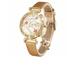 Reloj De Pulsera Para Mujer Con Estampado Floral Y Piedras Circonio En Piel Sintética Marrón.