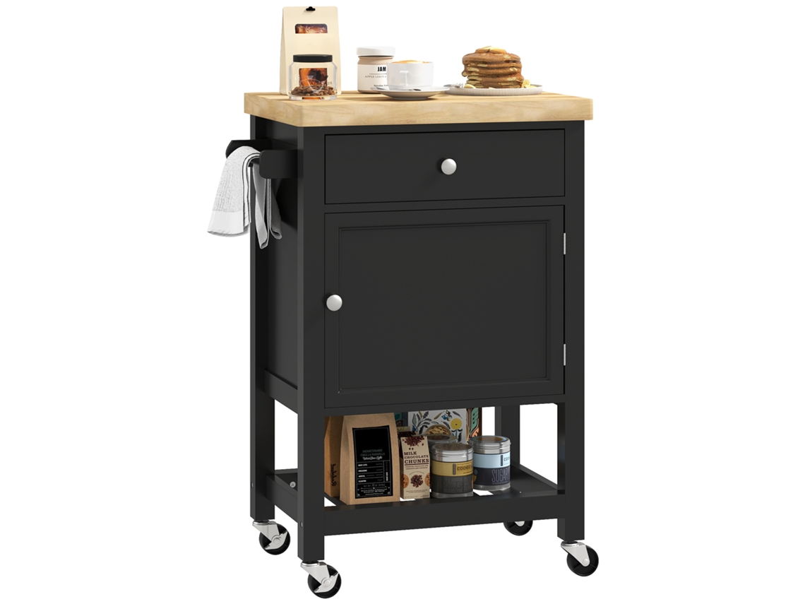 Carrito De Cocina Con Ruedas, Carrito De Servicio, Encimera De Madera De Caucho, Cajón, 63,5 X 40 X 90 Cm, Negro