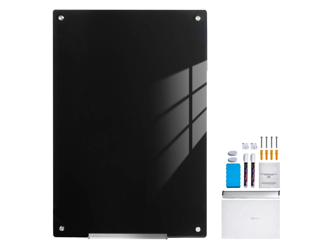 Pizarra magnética de vidrio templado negro 90x60 cm con accesorios Tekmaquinas