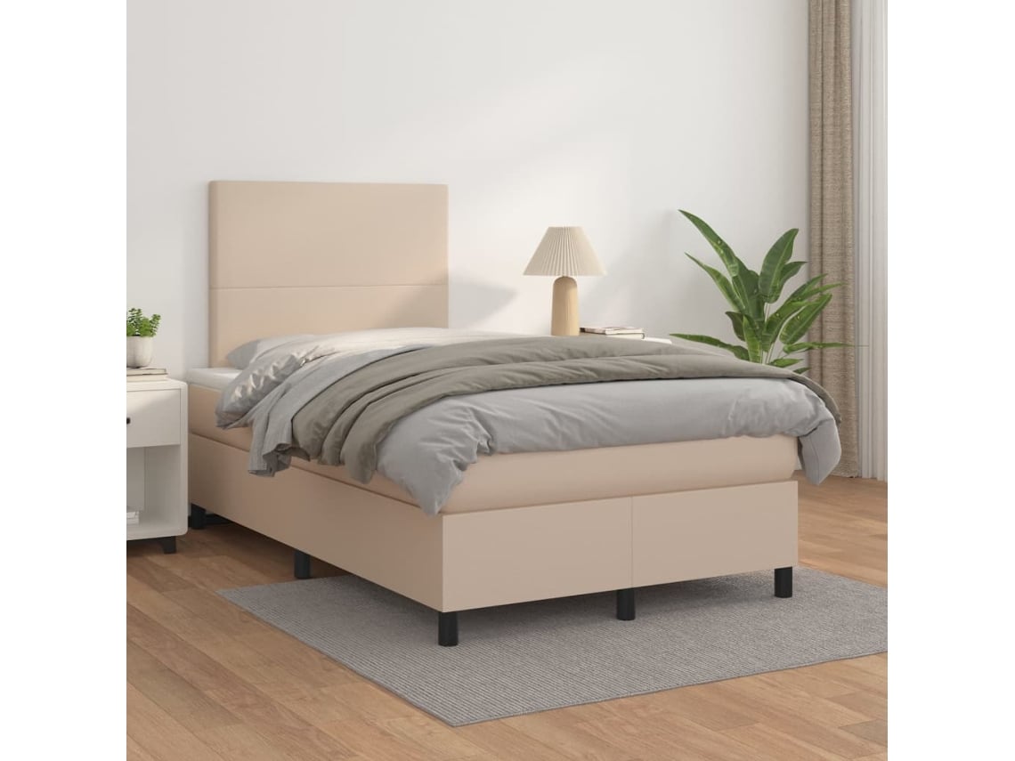 Cama Box Spring Con Colchón Cuero Sintético Capuchino 120x200cm