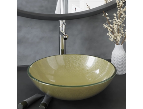 Lavabo VIDAxL Grifo Tapón Pulsador Cristal Templado Esmerilado Dorado