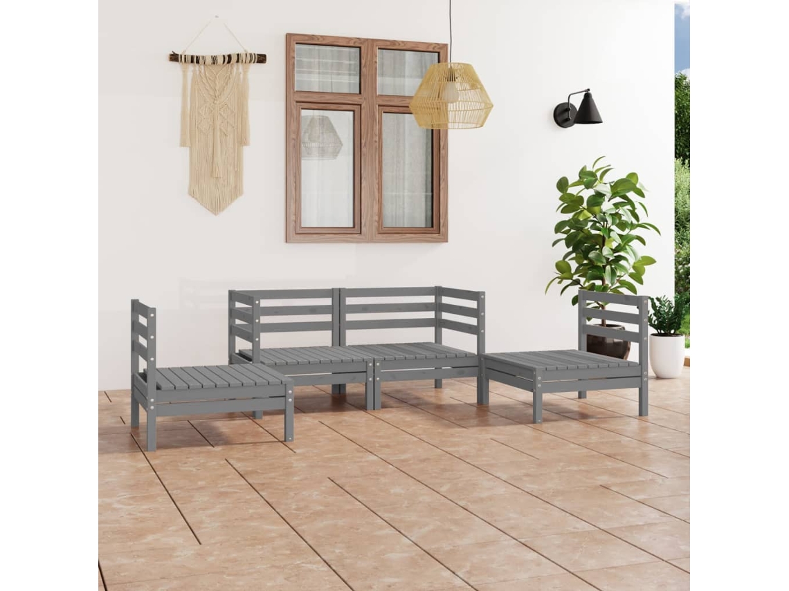 Conjunto de salón de jardín de 4 piezas de pino macizo gris Dkd Home Decor