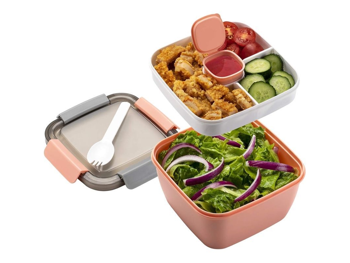 Recipiente Para Ensalada Con 3 Compartimentos, Tapa Hermética, Color Rosa.
