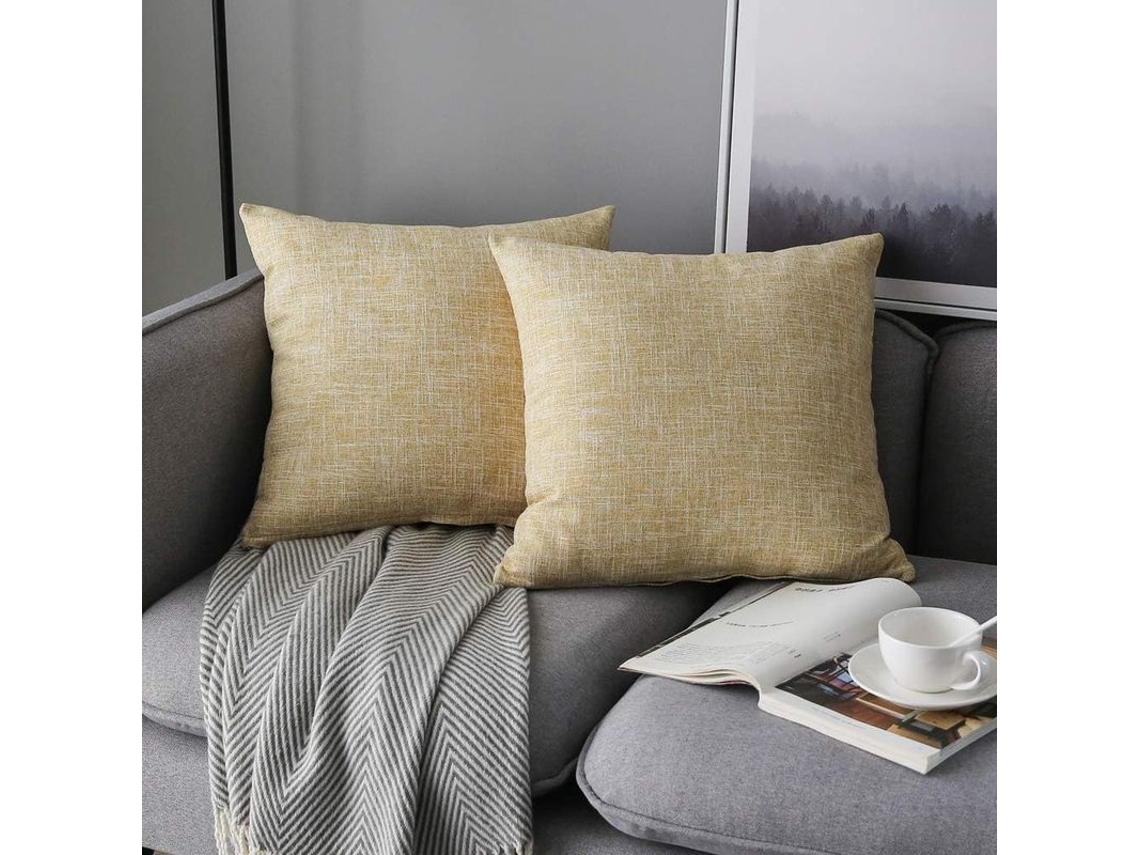 Rebe-2 Fundas De Almohada Beige De Lino Rústico Cuadradas Decorativas 18x18 Pulgadas Para Sofá Y Decoración