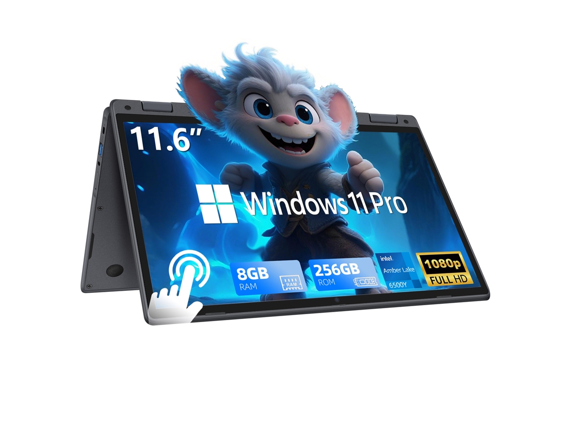 Ordenador portátil Vanwin con pantalla táctil de 11,6" con rotación de 360°, procesador Intel® Pentium® Gold 6500y, 8 GB de RAM y SSD de 256 GB.