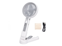 Lupa de mano recargable con LED, 3 niveles de brillo (5x, 11x, 18x) y soporte plegable con escala.