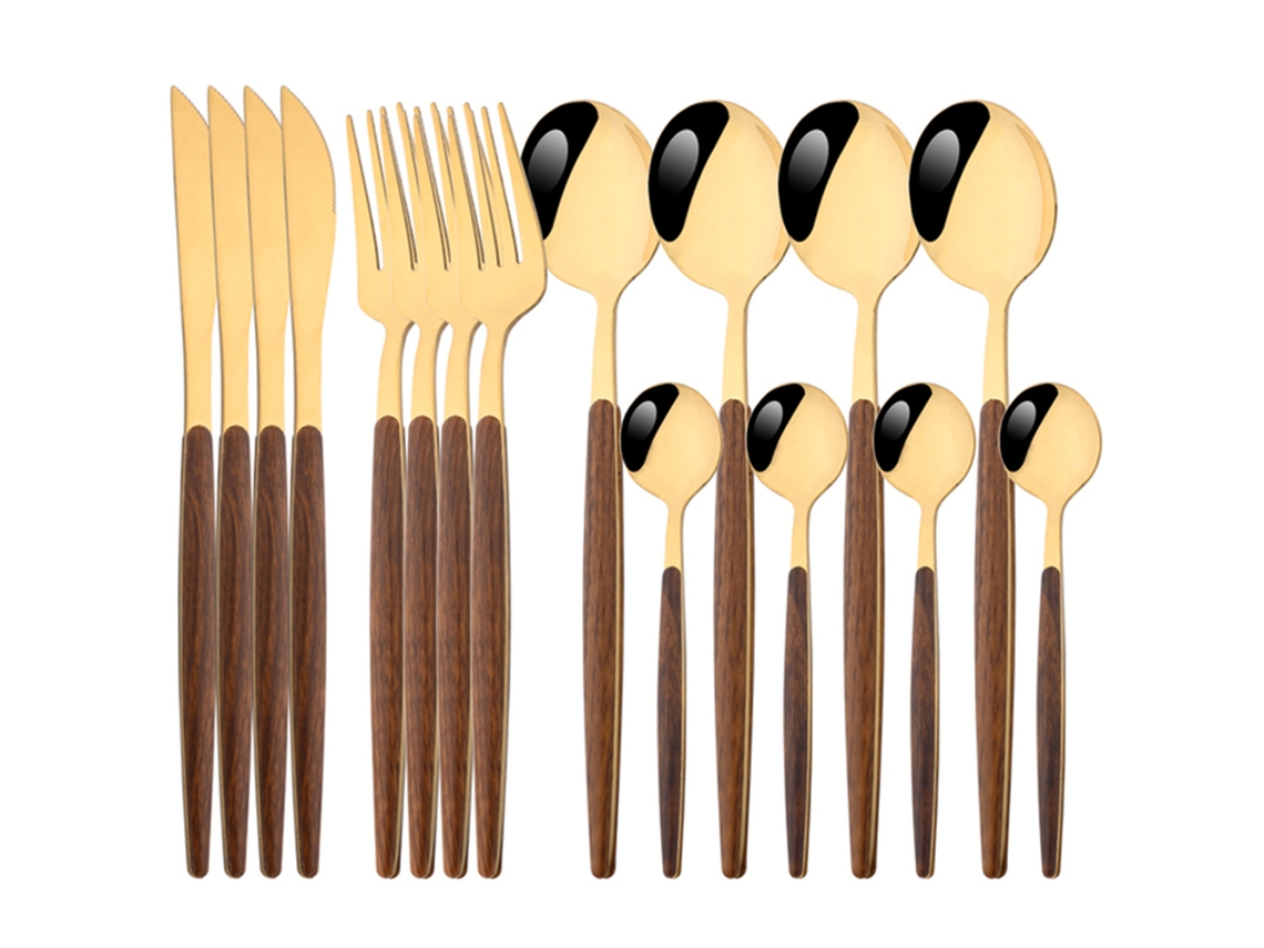 Juego de 16 cubiertos de acero inoxidable con mangos de imitación madera, incluye cuchillo, tenedor y cuchara, ideal para la cocina, color dorado Viewleaf