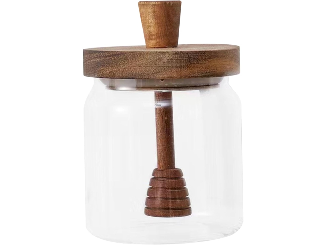 Tarro De Cristal Para Miel De 500 Ml, Con Cuchara Y Tapa De Madera.