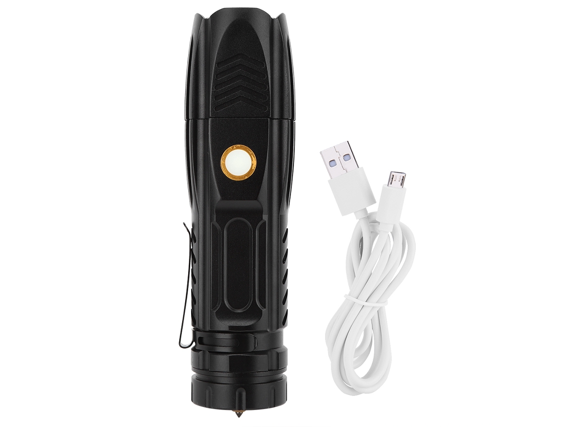 Bj-lanterna Led P90 Impermeável Exterior Luz Forte Carregador Usb Zoom Telescópico Com Clip De Caneta Cone De Segurança Preto