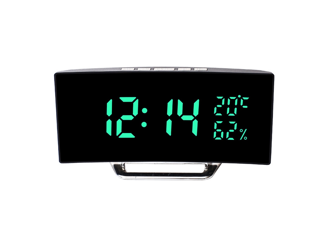 Reloj despertador con espejo curvo LED, reloj digital, termómetro e higrómetro, ajuste de brillo de tres niveles, color verde Sfushos