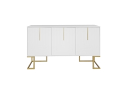 Aparador moderno con estantes ajustables, 3 puertas en forma de U, tiradores y base de metal blanco Mobrio