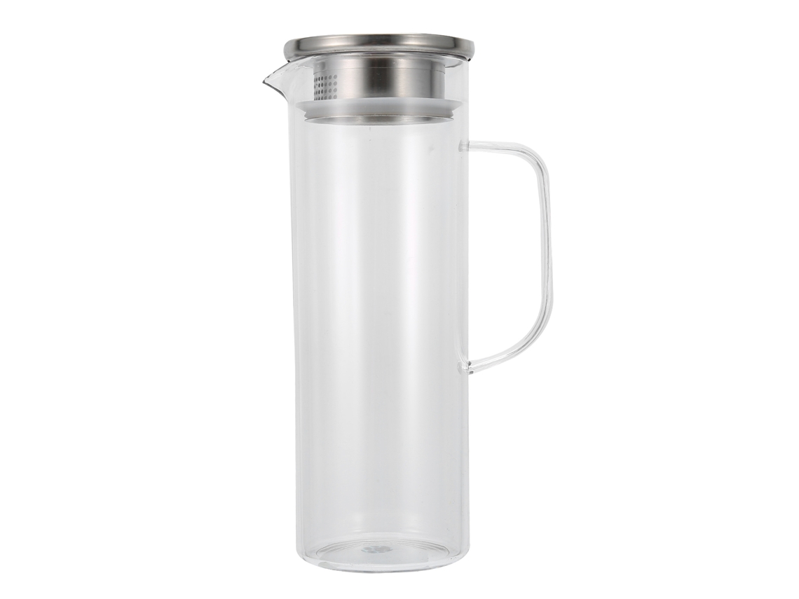 Jarra de agua fría transparente de 1100 ml con tapa de acero inoxidable para uso doméstico.