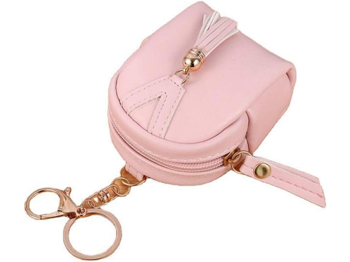 Monedero Mini De Cuero Pu Con Llavero - Cartera Domo Con Cremallera Para Mujer - Rosa Claro