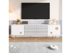 Mueble Tv 170 Cm - Estructura De Rejilla, Manijas Ocultas, Decoración Dorada - Blanco