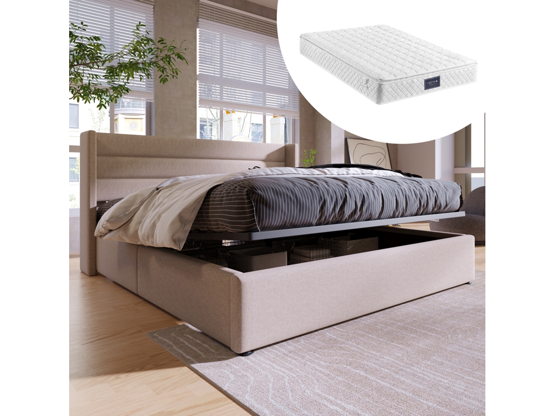 Cama Hidráulica Con Espacio De Almacenamiento, 160x200 Cm, Con Colchón, Estructura De Metal Y Madera, Tapizada En Tela De Lino Beige.