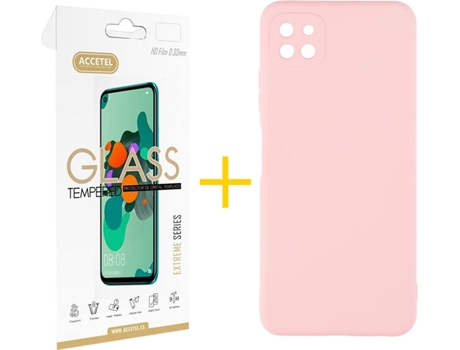 Carcasa y Protector de Pantalla de Vidrio Samsung A22 5G ACCETEL Silicona Líquida Rosa
