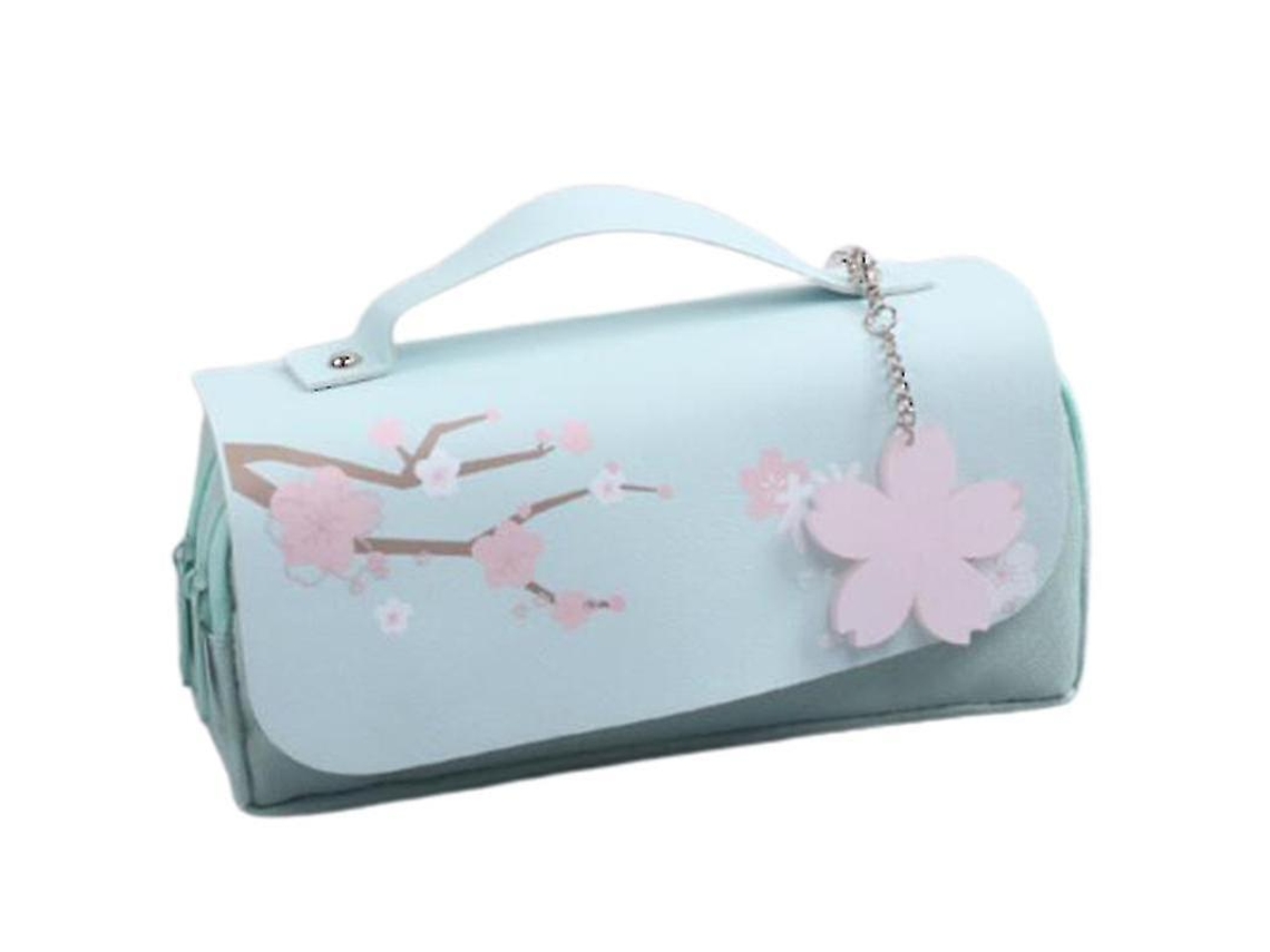 Estuche para lápices de piel sintética con diseño de flor de cerezo verde de Chennnls