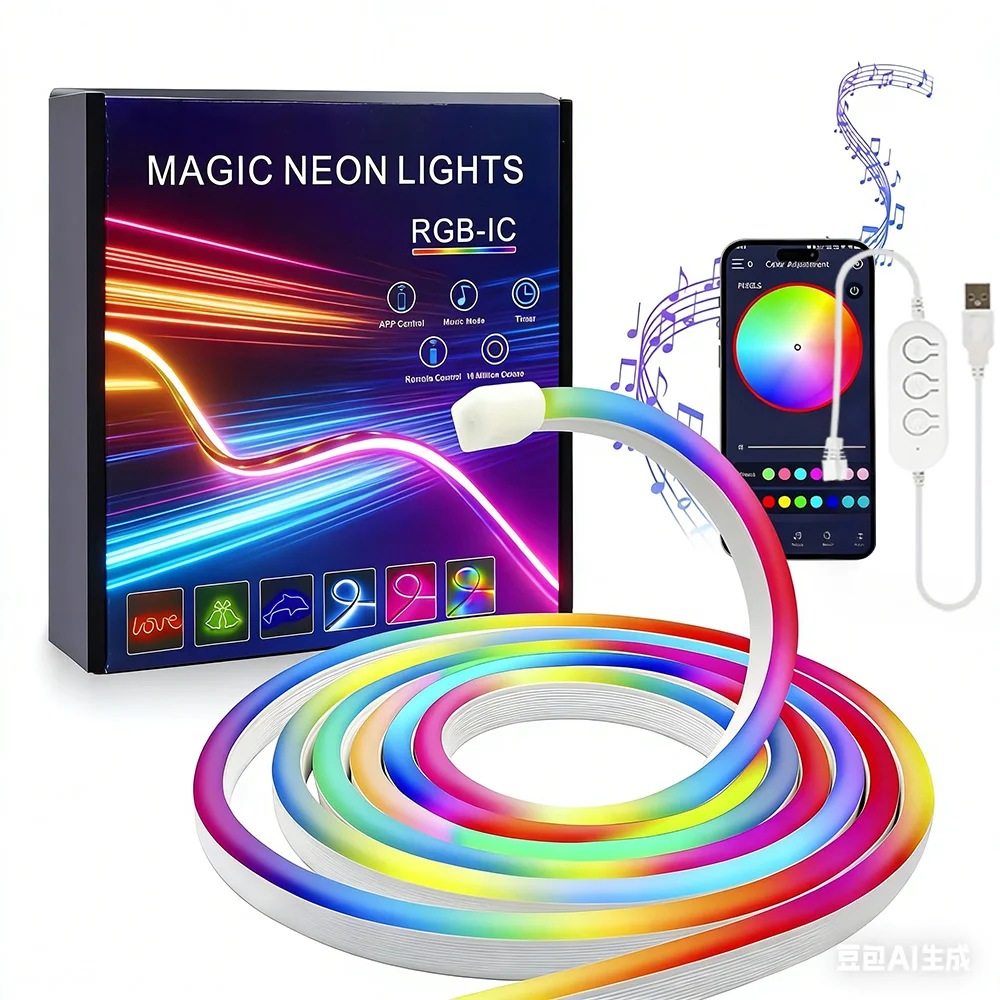 Tira de LED de neón RGB-IC (3 metros), fuente de alimentación USB de 5 V, impermeable y flexible.
