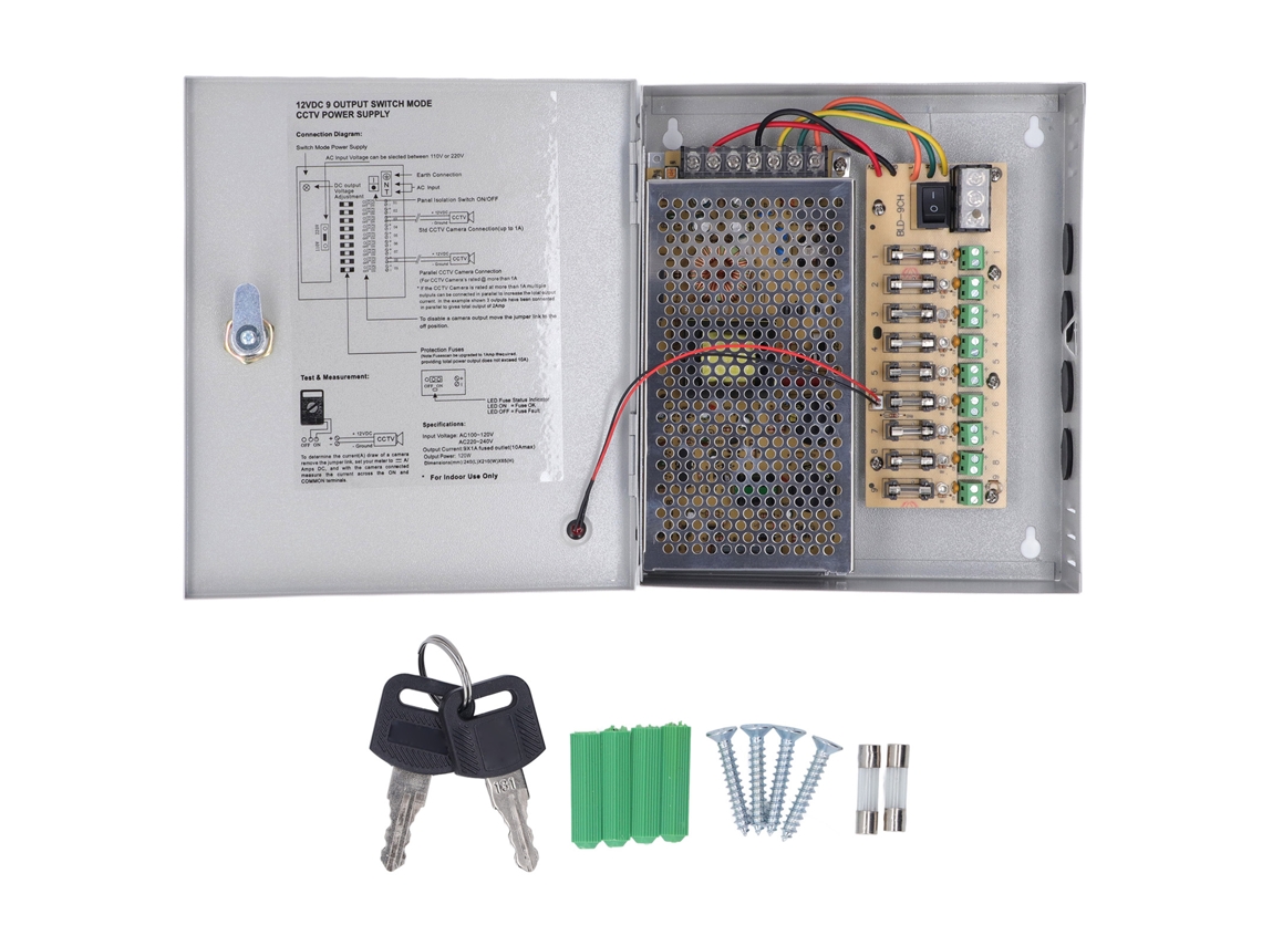 Caja De Alimentación De 9 Canales, 12 V, 10 A Con Cerradura Para Cámaras De Cctv (entrada De 110 V/220 V)