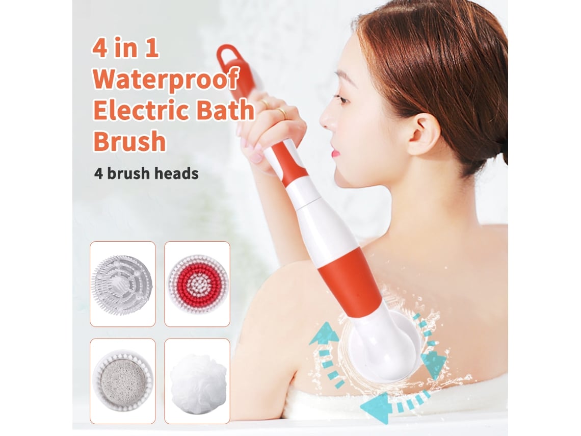 Cepillo De Baño Eléctrico Impermeable 4 En 1 Con 4 Cabezales Y Mango Largo Para Masaje Corporal.