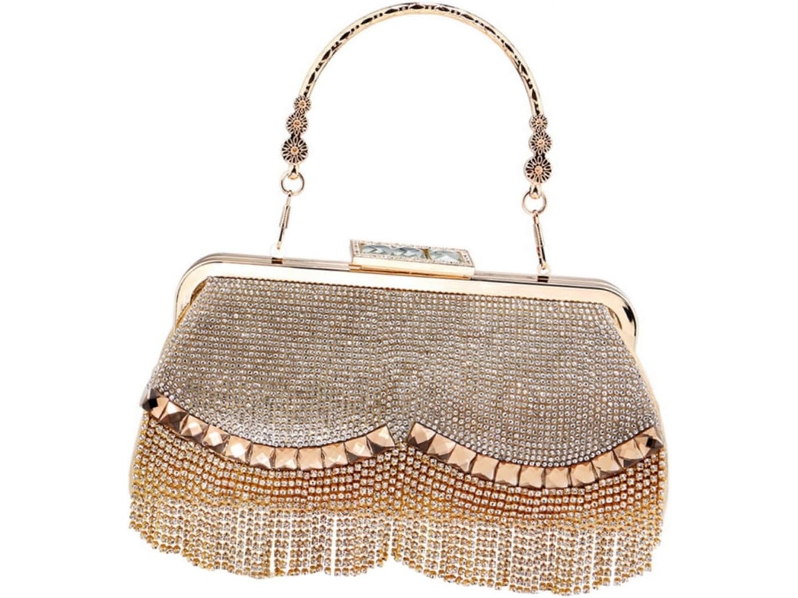 Bolsa De Mão Feminina Artesanal Com Franjas, Clutch Dourada Para Noite Em Tecido Rígido, Acessório.