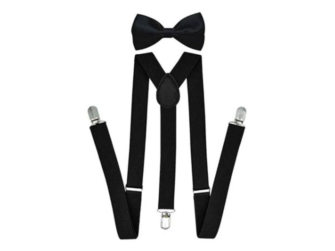 Conjunto De Pajarita Elástica Ajustable Con Clip Y Tirantes Para Hombre - Negro