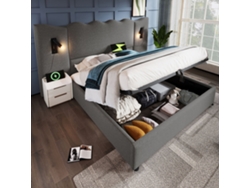 Cama Tapizada Doble 180x200 - Lámpara De Lectura, Carga Usb-c, Cama Con Almacenamiento, Somier De Madera Maciza Y Metal, Lino - Gris