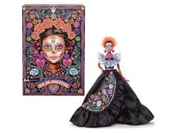 Muñeca Barbie coleccionable exclusiva del Día de Muertos 2024 con vestido negro, top azul con volantes, estampado bordado y Barbie