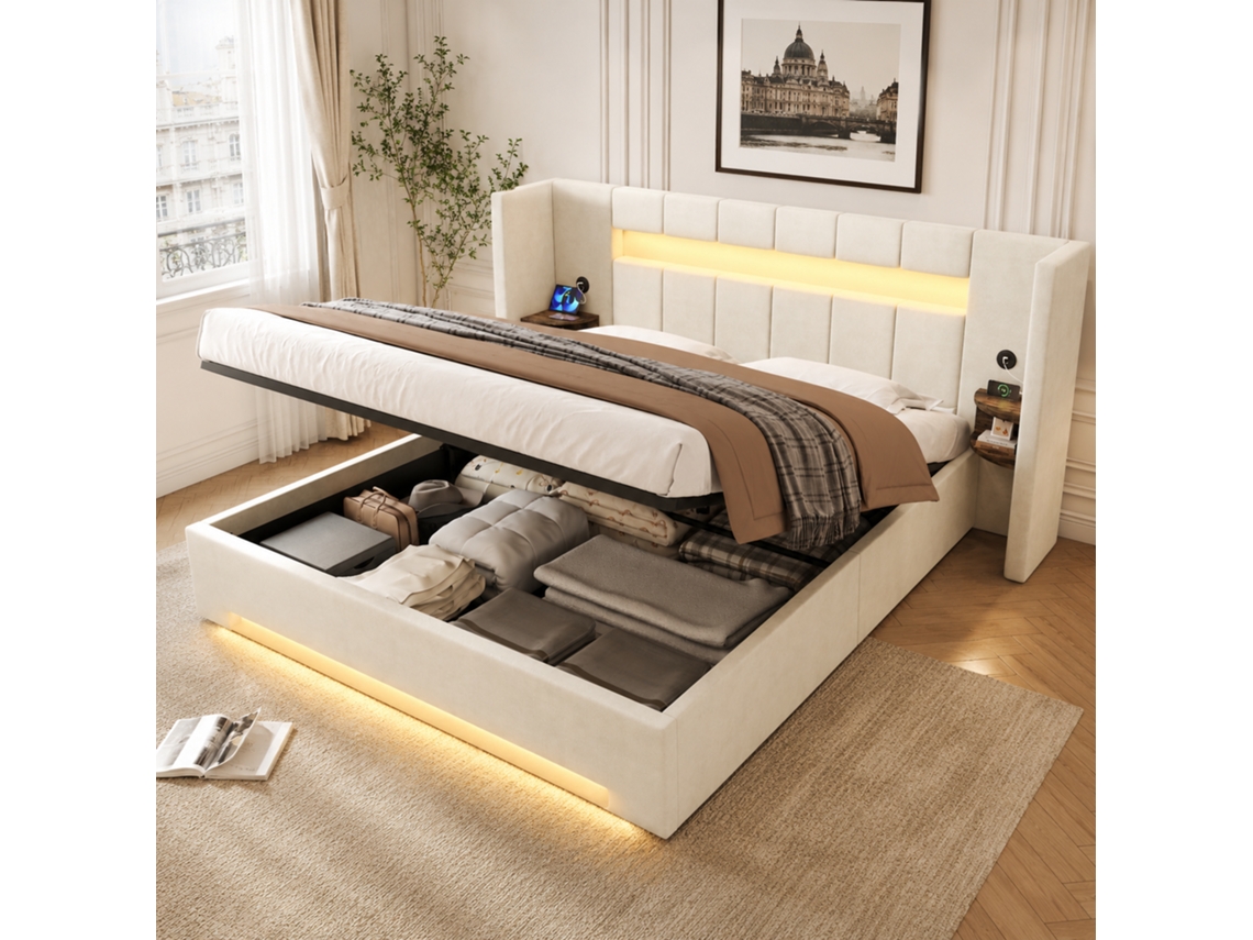 Cama Multifuncional De Terciopelo De 180x200cm Con Usb, Led, Almacenamiento Y Fontanería.