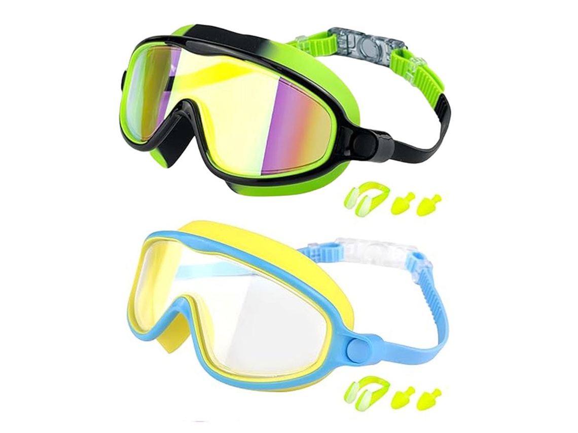 Juego de gafas de natación para niños 600a Camuflaje Verde + Azul y Amarillo (Gafas de natación + Pinza nasal + Estuche para tapones para los oídos)
