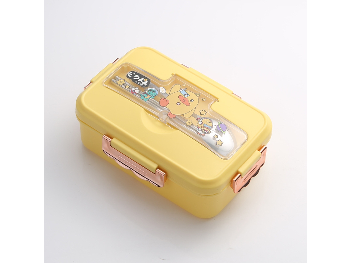 Fiambrera bento de tres compartimentos con un bonito estampado de dinosaurios, ideal para niñas. MDUG (amarilla)