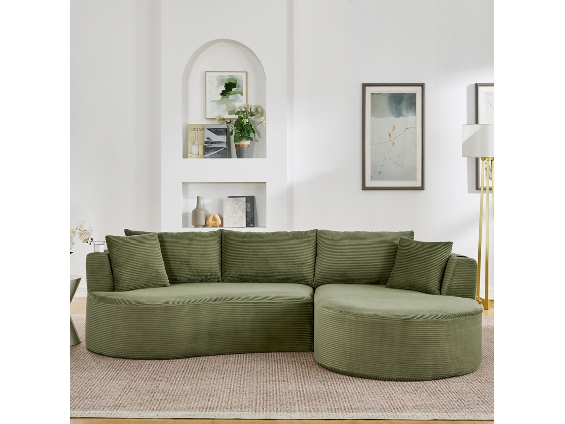 Sofá De 3 Plazas Con Chaise Longue Derecha, Terciopelo Acanalado, Portavasos, Cojines Incluidos, Comprimido Al Vacío, Color Verde