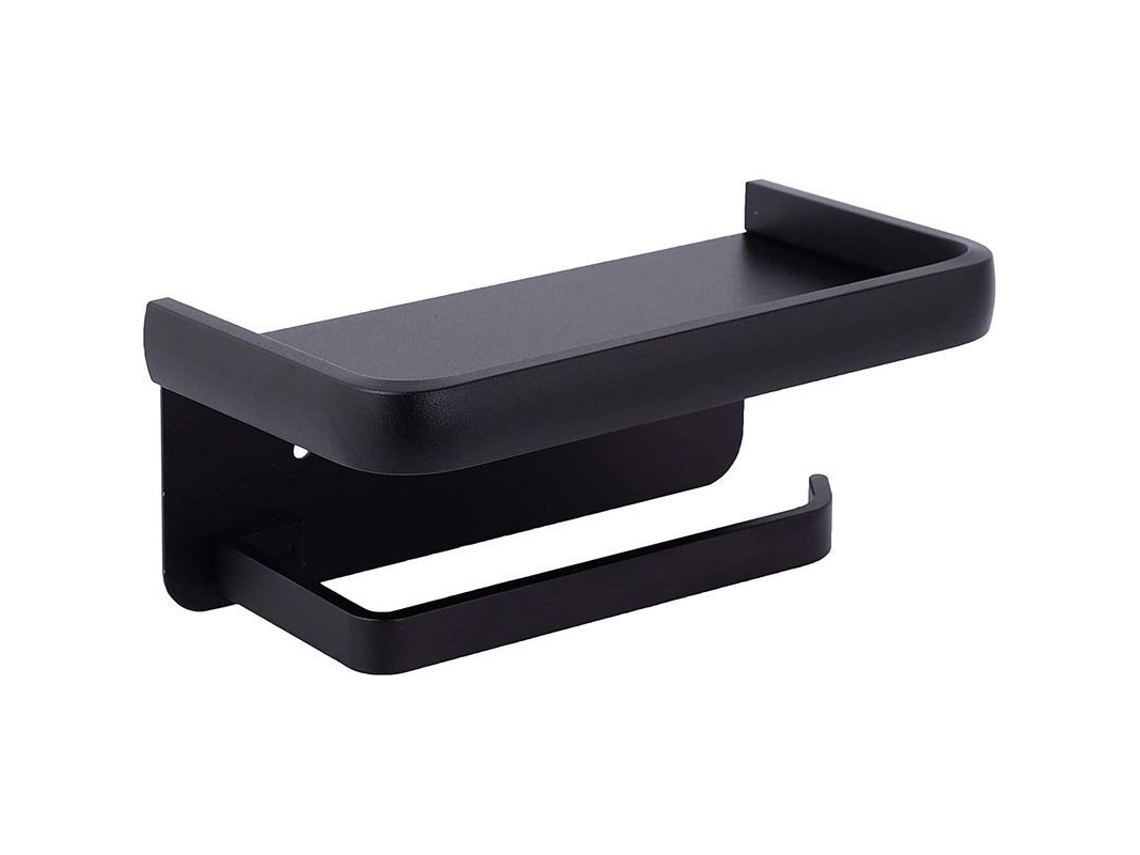 Soporte De Aluminio Para Papel Higiénico Con Estante De Almacenamiento, Montaje En Pared, Color Negro.