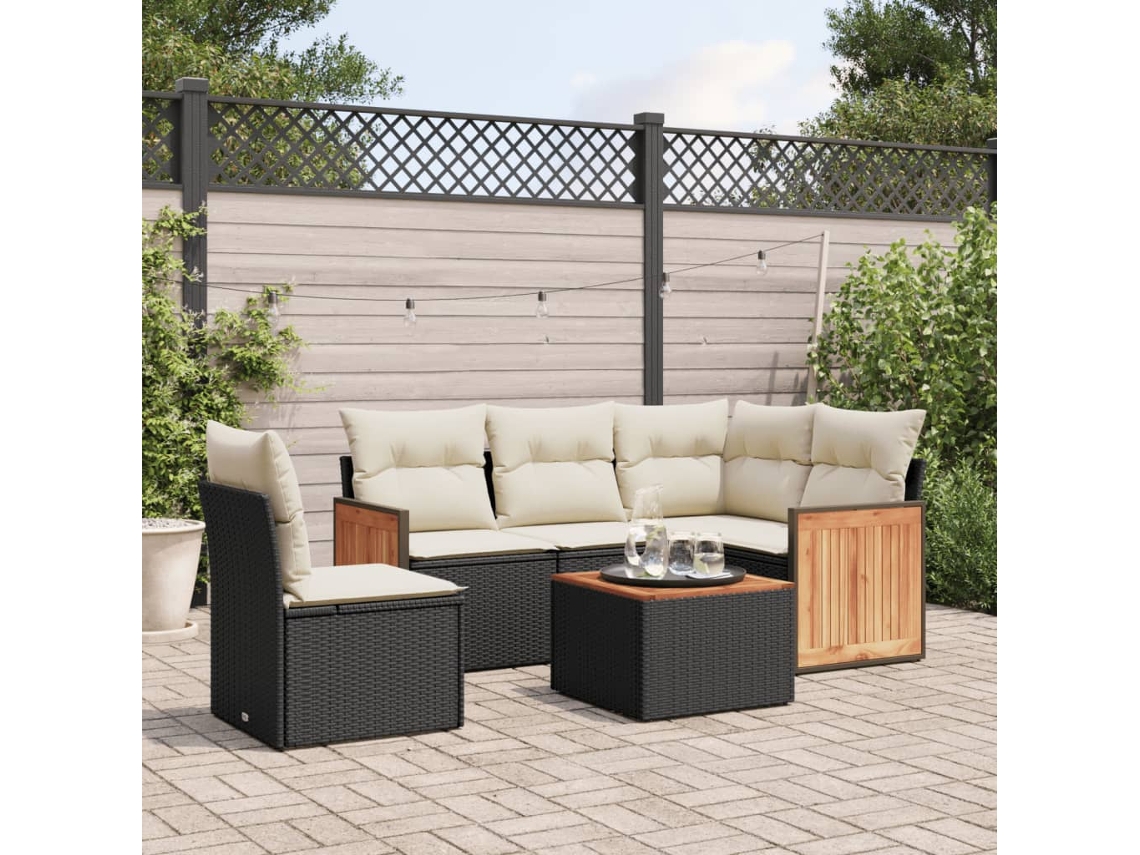 Conjunto de sofá de jardín de 6 piezas con cojines, mimbre sintético negro, DKD Home Decor