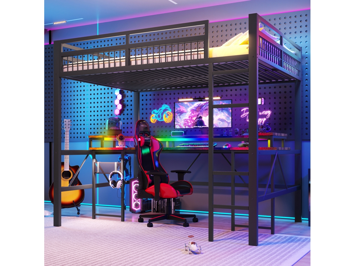 Cama Alta De 140x200 Mm, Color Negro, Con Iluminación Led Rgb Y Conexión Usb-c.