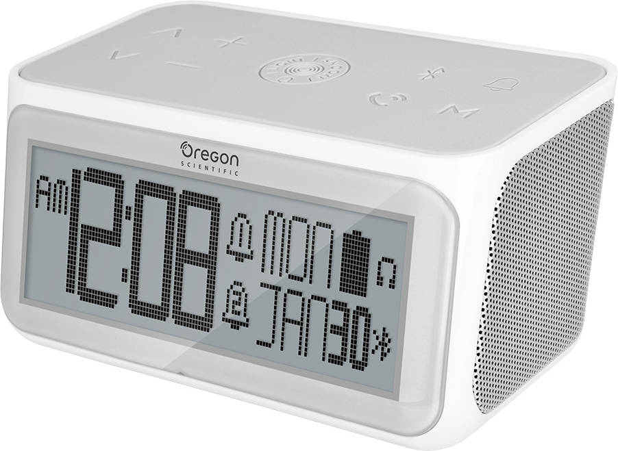 Oregon Scientific Despertador con altavoz bluetooth dos horas fecha salida auriculares 35 mm y incorporado para usar como manos libres grande ra389