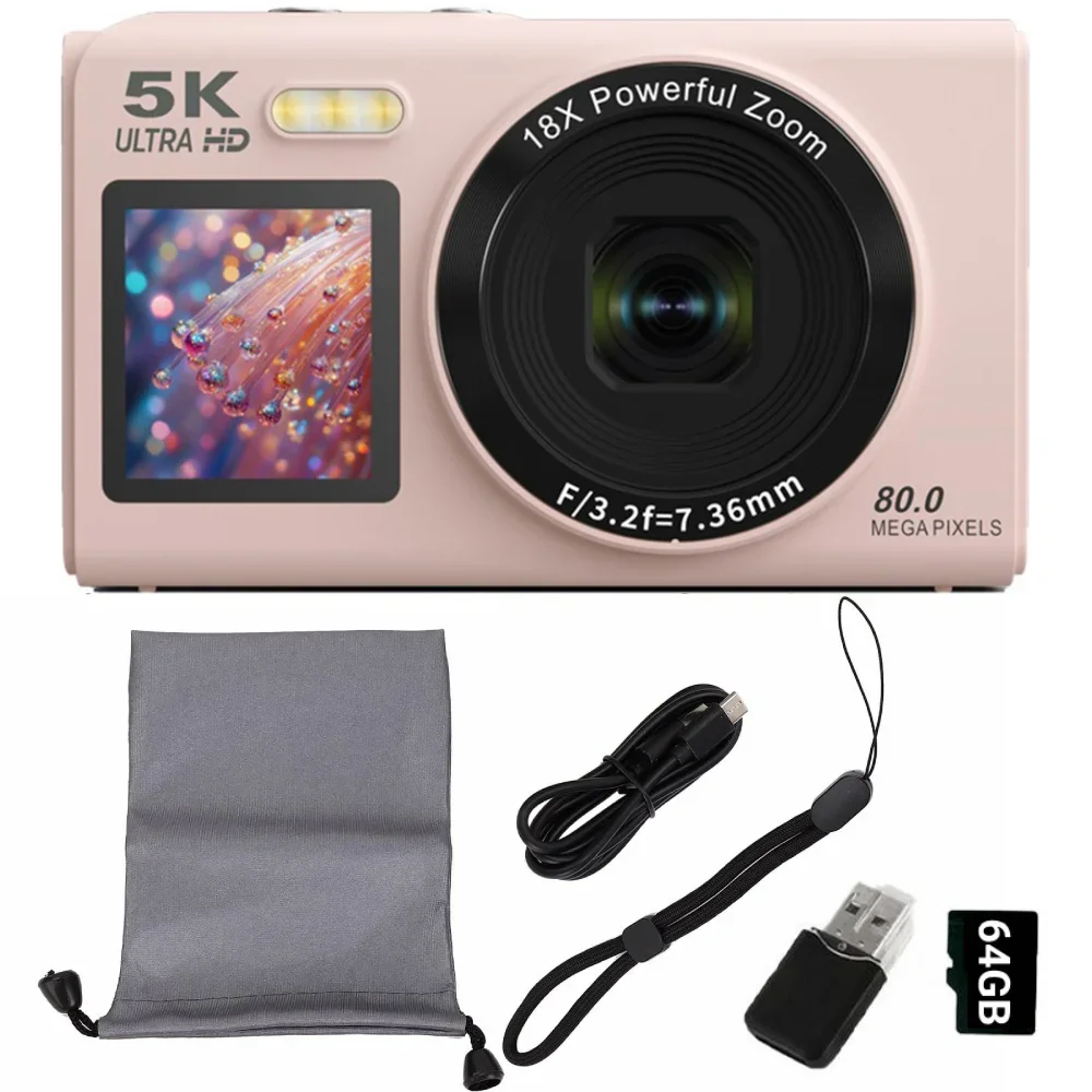 (tarjeta Rosa De 64 Gb) Cámara Digital Con Zoom Óptico De 18x Y 80 Megapíxeles.